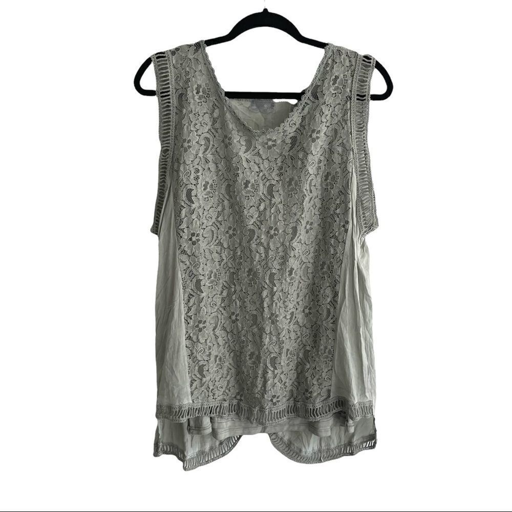 Made in Italy Cotton Lace Split Back Sleeveless Blouse Tank Top Green One Size